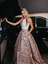 Load image into Gallery viewer, A Line Two Piece Floral Print Beautiful Prom Dresses with Pockets Evening Dresses RS322