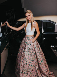 A Line Two Piece Floral Print Beautiful Prom Dresses with Pockets Evening Dresses RS322