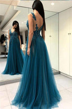 Load image into Gallery viewer, A Line Green V Neck Tulle Open Back Lace Beads Sleeveless Evening Prom Dresses RS769