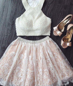 Fashion Two Piece A-Line Jewel Sleeveless Short Homecoming Dress With Beading Lace RS745