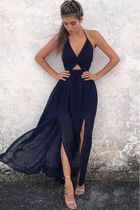 Simple A-Line Halter Floor Length Backless Navy Blue Chiffon Prom Dresses RS609