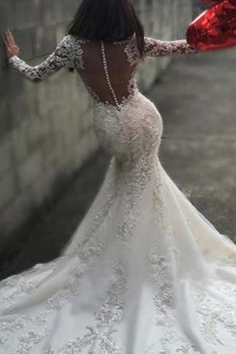Sexy White Yarn Button Back Long Sleeve Lace Mermaid Charming Chapel Trailing Wedding Dress RS171