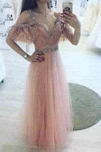 High Fashion A-Line V-Neck Off Shoulder Blush Pink Long Tulle Prom Dresses with Beads RS675