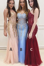 Load image into Gallery viewer, Mermaid Sexy Long Cheap Sweetheart Strapless Beads Tulle See Through Prom Dresses RS173