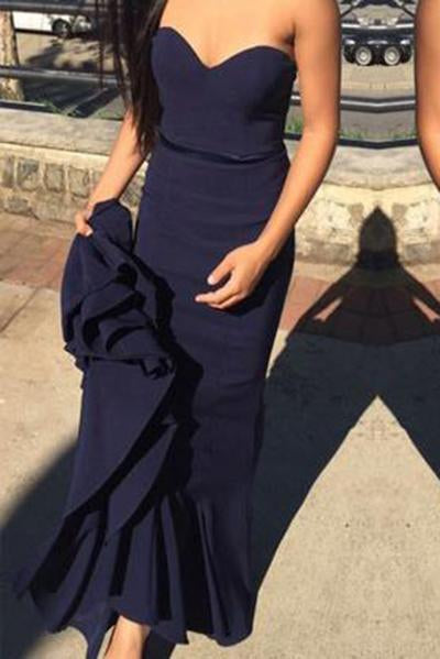 Simple Sweetheart Navy Blue Mermaid Prom Dress with Sash Sweep Train RS596