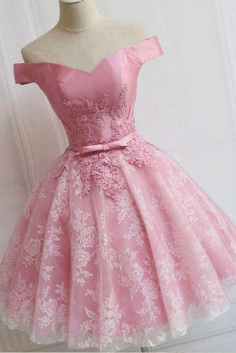 Off the Shoulder Lace up Lace Applique Dusty Rose Short Prom Dress Homecoming Dresses RS759