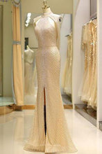 Load image into Gallery viewer, Mermaid High Neck Floor Length Split Gold Prom Dresses with Sequins Beading RS79