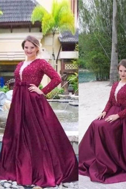 A Line V Neck Long Sleeves Beading Sweep Train Satin Plus Size Prom Dresses RS196