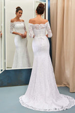 Load image into Gallery viewer, Mermaid Off-the-Shoulder Lace Sweep Train 3/4 Sleeve Top Lace-up Wedding Dresses RS634