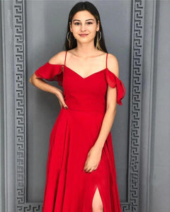 A Line Red Chiffon Prom Dresses Long Sexy Split Evening Dresses