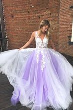 Load image into Gallery viewer, Gorgeous 3D Floral Appliques Tulle V Neck Lavender Prom Dresses Evening Dresses RS841