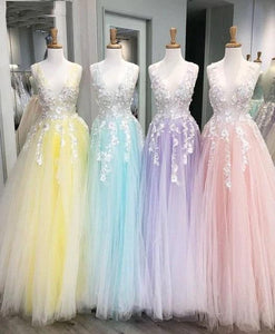 Gorgeous 3D Floral Appliques Tulle V Neck Lavender Prom Dresses Evening Dresses RS841