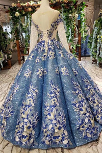 Gorgeous Ball Gown Sheer Neck Long Sleeves Lace up Sequins Appliques Quinceanera Dresses RS970