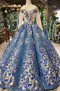 Gorgeous Ball Gown Sheer Neck Long Sleeves Lace up Sequins Appliques Quinceanera Dresses RS970