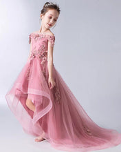 Load image into Gallery viewer, Gorgeous Pink Off the Shoulder With Lace Appliques High Low Tulle Flower Girl Dresses FG1007