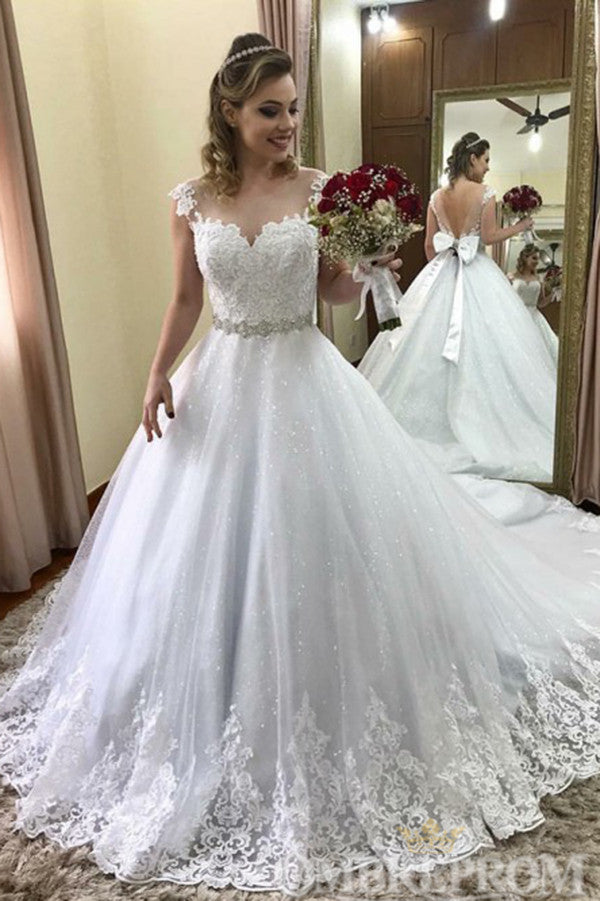 Gorgeous V Back Lace Wedding Dresses with Bowknot