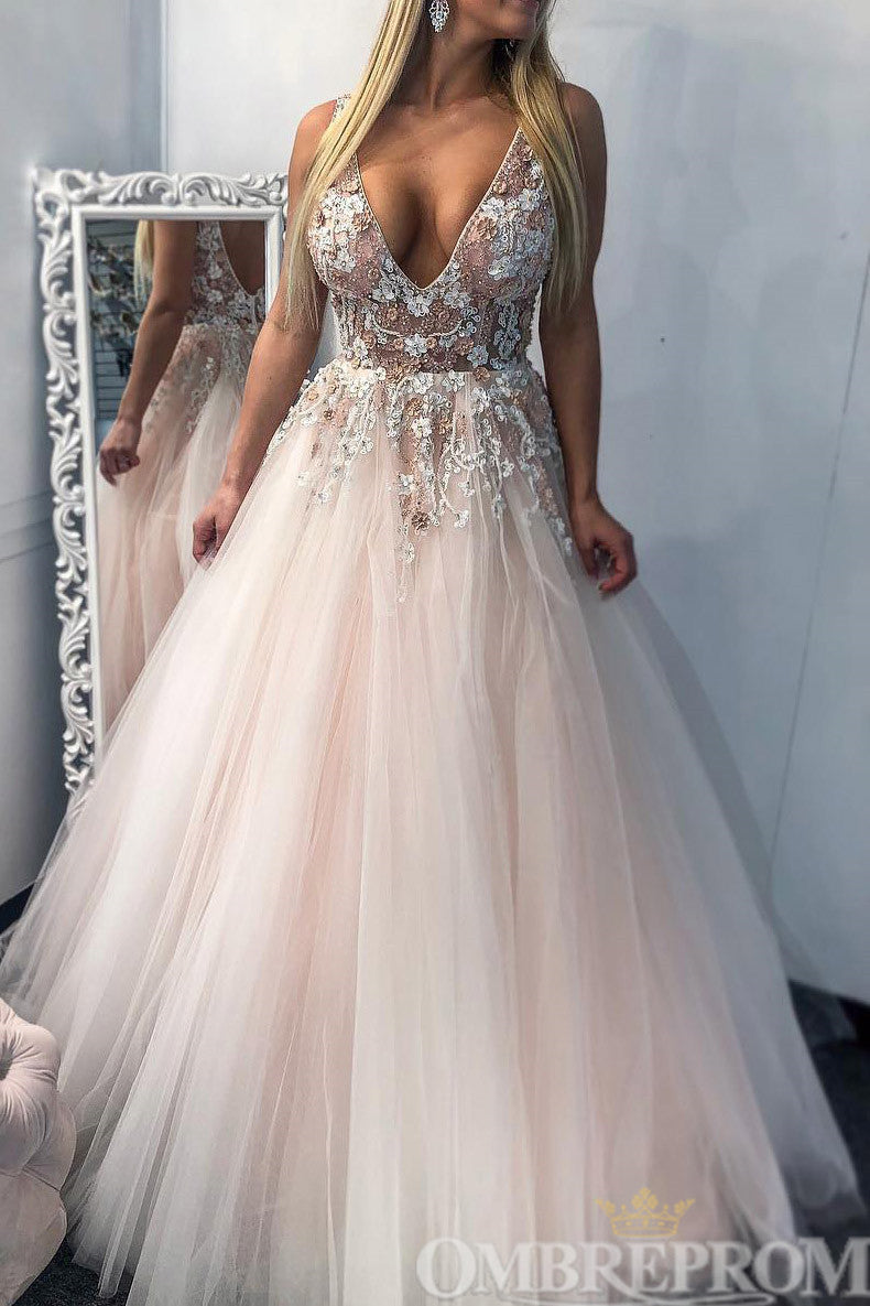 Gorgeous V Neck Sleeveless A Line Prom Dresses with Appliques