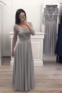 Gray Long Sleeve Chiffon Long Prom Dresses Lace Appliques Bridesmaid Dresses RS895