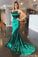 Green Spaghetti Straps Backless Satin Mermaid Prom Dresses