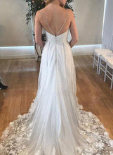 Load image into Gallery viewer, Grey V Neck Spaghetti Straps Beach Wedding Dresses Backless Tulle Appliques Bridal Dress W1047