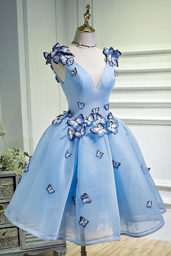 A Line Sky Blue V Neck Lace up Junior Cute Homecoming Dress with Butterfly Flowers RS781