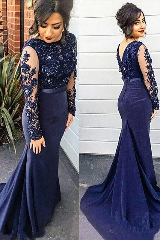 Mermaid Lace Scoop Navy Blue Beads High Neck Long Sleeve Plus Size Prom Dresses RS161