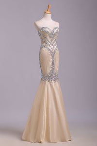 Mermaid Rhinestone Sweetheart Tulle Sleeveless Floor Length Prom Dresses Evening Dress RS179