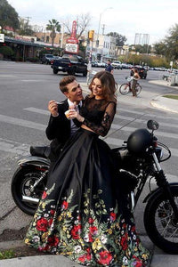 Two Piece Lace Floral Print Black Sexy Open Back Long Sleeve High Neck Prom Dresses RS56