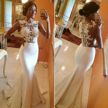 Load image into Gallery viewer, Lace Mermaid White Long Elegant Cap Sleeve Appliques High Neck Prom Dresses RS960