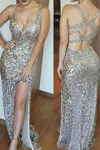Luxurious Mermaid Long with Side Slit Sexy Backless Sequin V-Neck Sleeveless Prom Dresses RS772