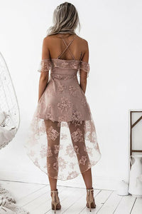Cute A-Line High Low Blush Pink Spaghetti Straps Lace Short Homecoming Dresses RS04