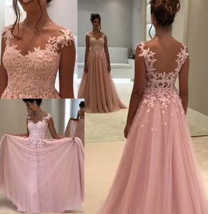 Elegant Pink Long V-Neck Appliques Sleeveless A-Line Chiffon Prom Dresses RS374