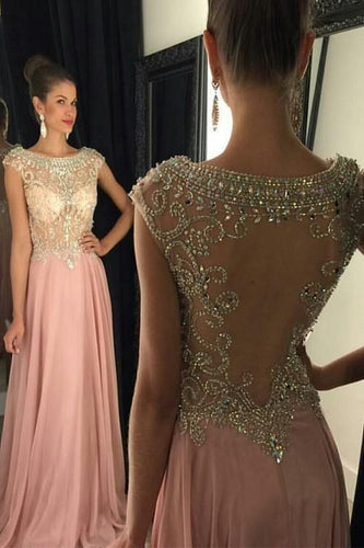 New Pearl Pink Backless Modest with Sparkle Cap Sleeves Beads Long Chiffon Prom Dresses RS91