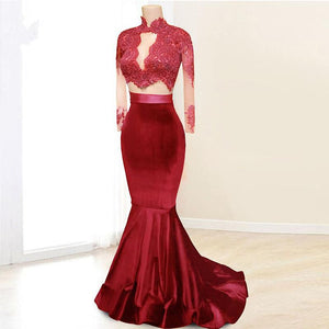 Elegant Long Sleeves Two Piece Mermaid High Neck Floor-Length Prom Dresses RS780