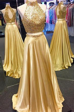 Load image into Gallery viewer, New Arrival Gold Two Pieces High Neck Pretty Sparkly Evening Party Prom Dress PD0062