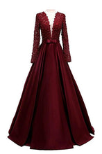 Load image into Gallery viewer, Open Back Lace Long Sleeve Deep V-Neck A-Line Button Long Cheap Prom Dresses RS954