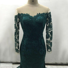 Load image into Gallery viewer, Charming Off-the-shoulder Dark Green Mermaid Lace Prom Dress with Long Sleeves