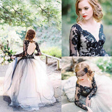 Load image into Gallery viewer, Long Sleeves Wedding Dresses Black Appliques Bridal Dresses Tulle
