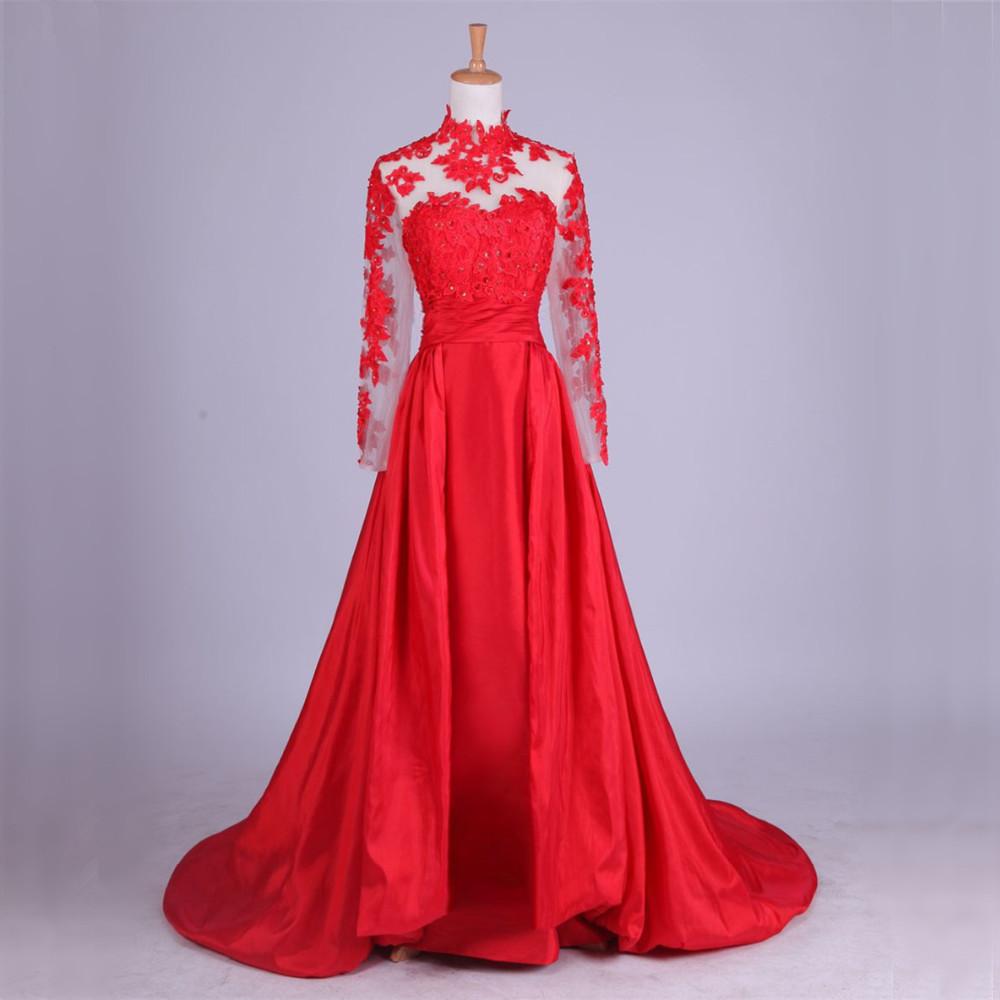 New Arrival Elegant Taffeta Applique Long Sleeve Empire Prom Gowns Evening Dresses RS857