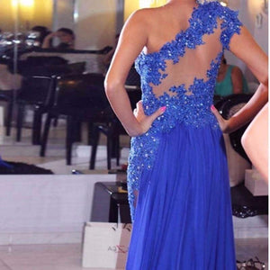 One Shoulder A-Line Long Cheap Prom Dresses Royal Blue Evening Dress Prom Gowns RS129