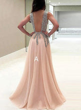 Load image into Gallery viewer, A line Tulle V Neck Pink Prom Dresses Long Backless Evening Dresses RS588