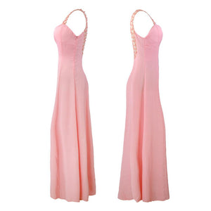 Pink Long Chiffon See Through Sexy V-Neck Sleeveless A-Line Yarn Prom Dresses RS18