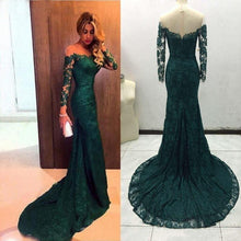 Load image into Gallery viewer, Charming Off-the-shoulder Dark Green Mermaid Lace Prom Dress with Long Sleeves