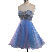 Load image into Gallery viewer, Strapless Cute Tulle Short Sweetheart Beading Blue Rhinestone Homecoming Dresses RS190