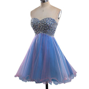 Strapless Cute Tulle Short Sweetheart Beading Blue Rhinestone Homecoming Dresses RS190