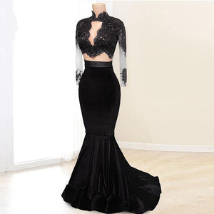 Elegant Long Sleeves Two Piece Mermaid High Neck Floor-Length Prom Dresses RS780