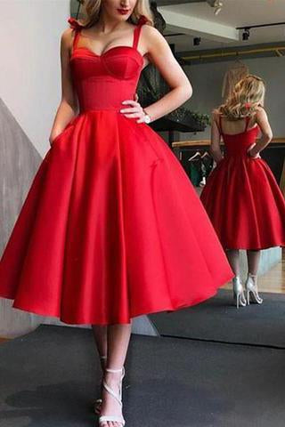 A-Line Spaghetti Straps Tea-Length Red Satin Prom Homecoming Dresses with Pockets RS86
