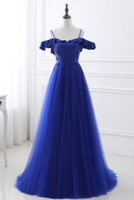 Load image into Gallery viewer, Unique Royal Blue Spaghetti Straps Off the Shoulder Ruffle Appliques Beaded Prom Dresses RS84