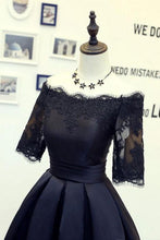 Load image into Gallery viewer, A Line Black Short Sleeves Off the Shoulder Lace Appliques Satin Homecoming Dresses RS885