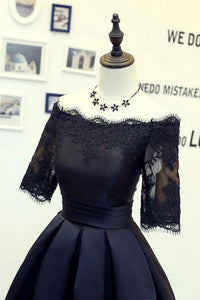 A Line Black Short Sleeves Off the Shoulder Lace Appliques Satin Homecoming Dresses RS885